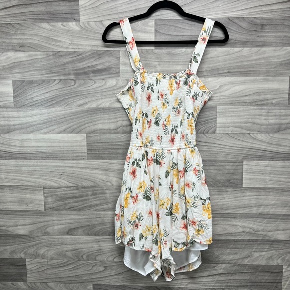 Hollister Pants - Hollister Romper Dress Women's Large Ivory Floral Cut Out Back Smocked Front
